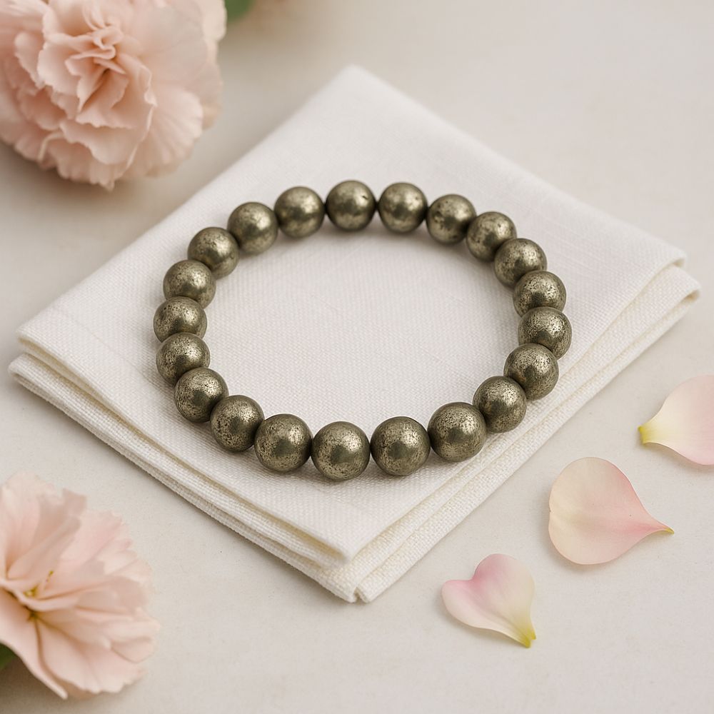 Natural Pyrite Bracelet – Healing Stone for Protection, Luck & Wealth – Adjustable Bead Bracelet for Men & Women