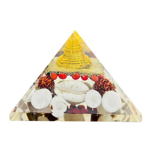 Crystal Laxmi Pyramid with Shree Meru Yantra, Rudraksha, Gomati Chakra & White Kauri – Vastu Good Luck, Wealth & Prosperity