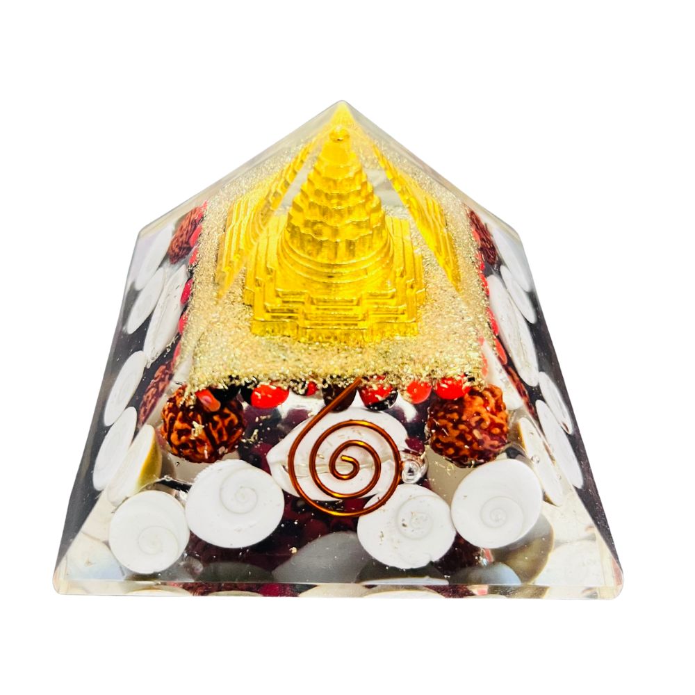 Crystal Laxmi Pyramid with Shree Meru Yantra, Rudraksha, Gomati Chakra & White Kauri – Vastu Good Luck, Wealth & Prosperity