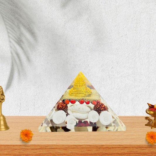 Crystal Laxmi Pyramid with Shree Meru Yantra, Rudraksha, Gomati Chakra & White Kauri – Vastu Good Luck, Wealth & Prosperity