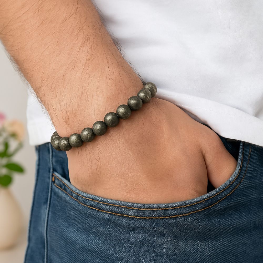 Natural Pyrite Bracelet – Healing Stone for Protection, Luck & Wealth – Adjustable Bead Bracelet for Men & Women