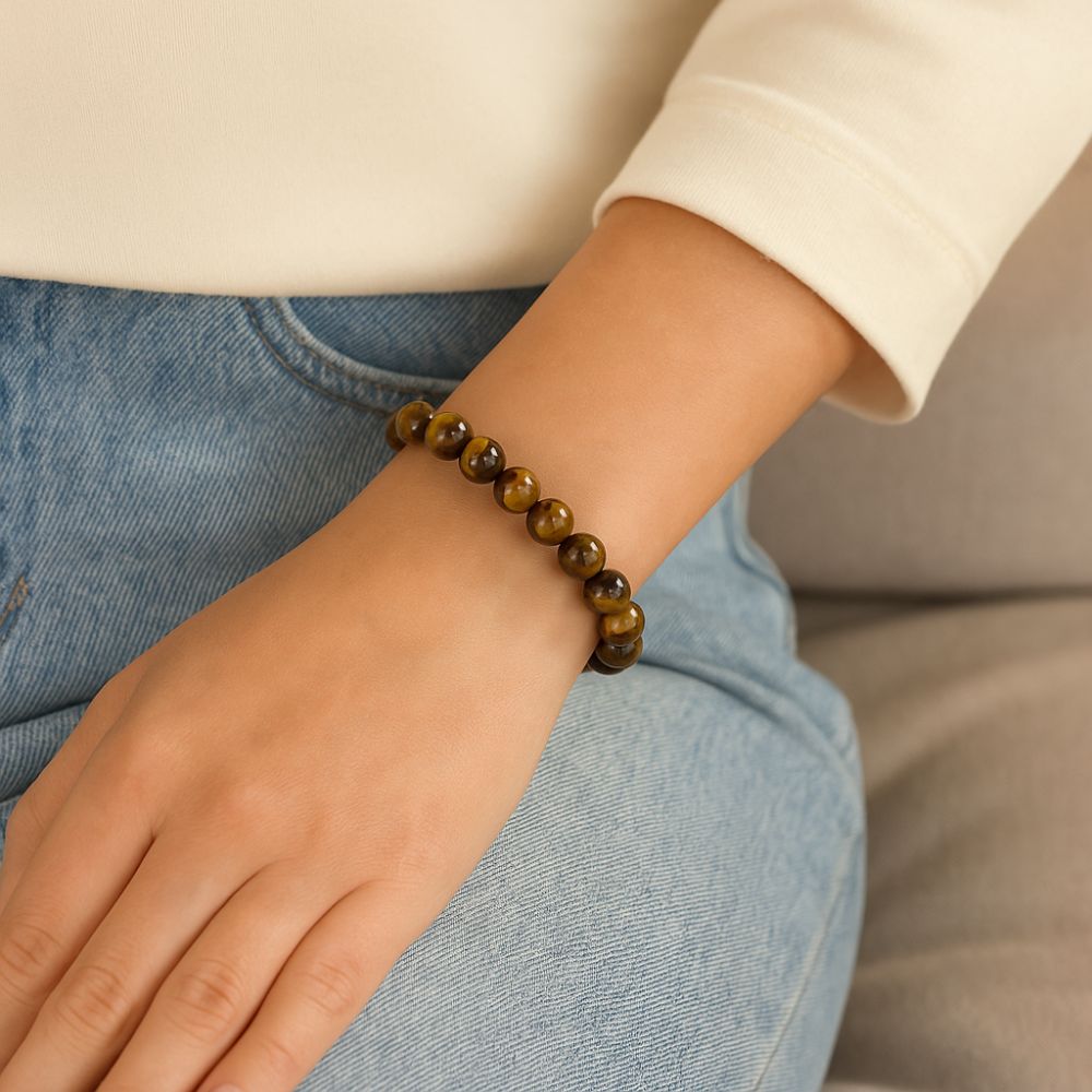 Tiger Eye Crystal Bracelet – Natural Healing Stone – Adjustable Bead Bracelet for Men & Women